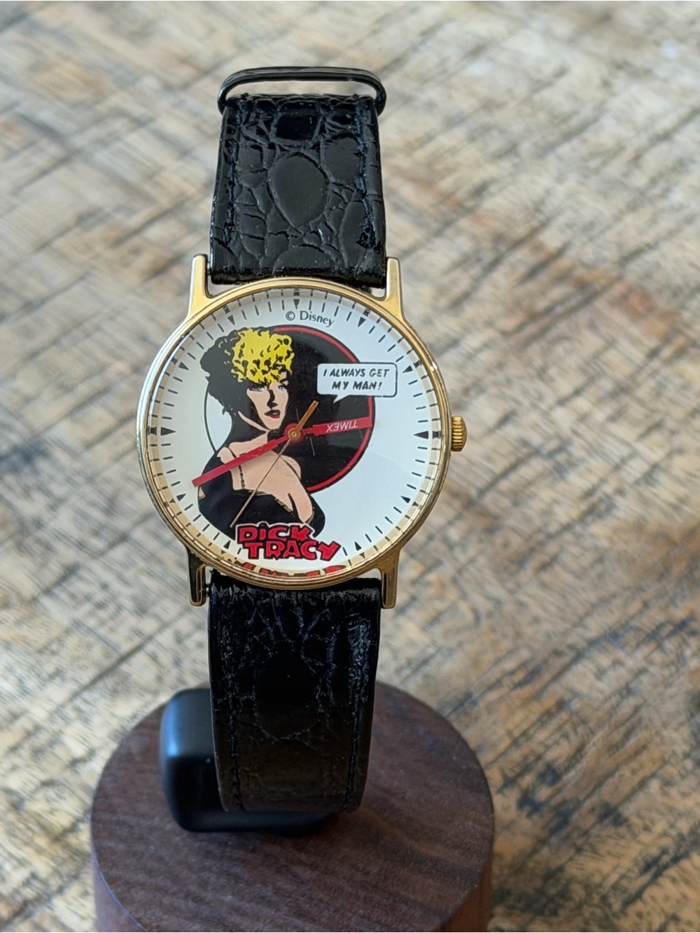 Vintage Timex Dick Tracy Comic Dial Watch with Black Strap and Gold Case 32.5mm